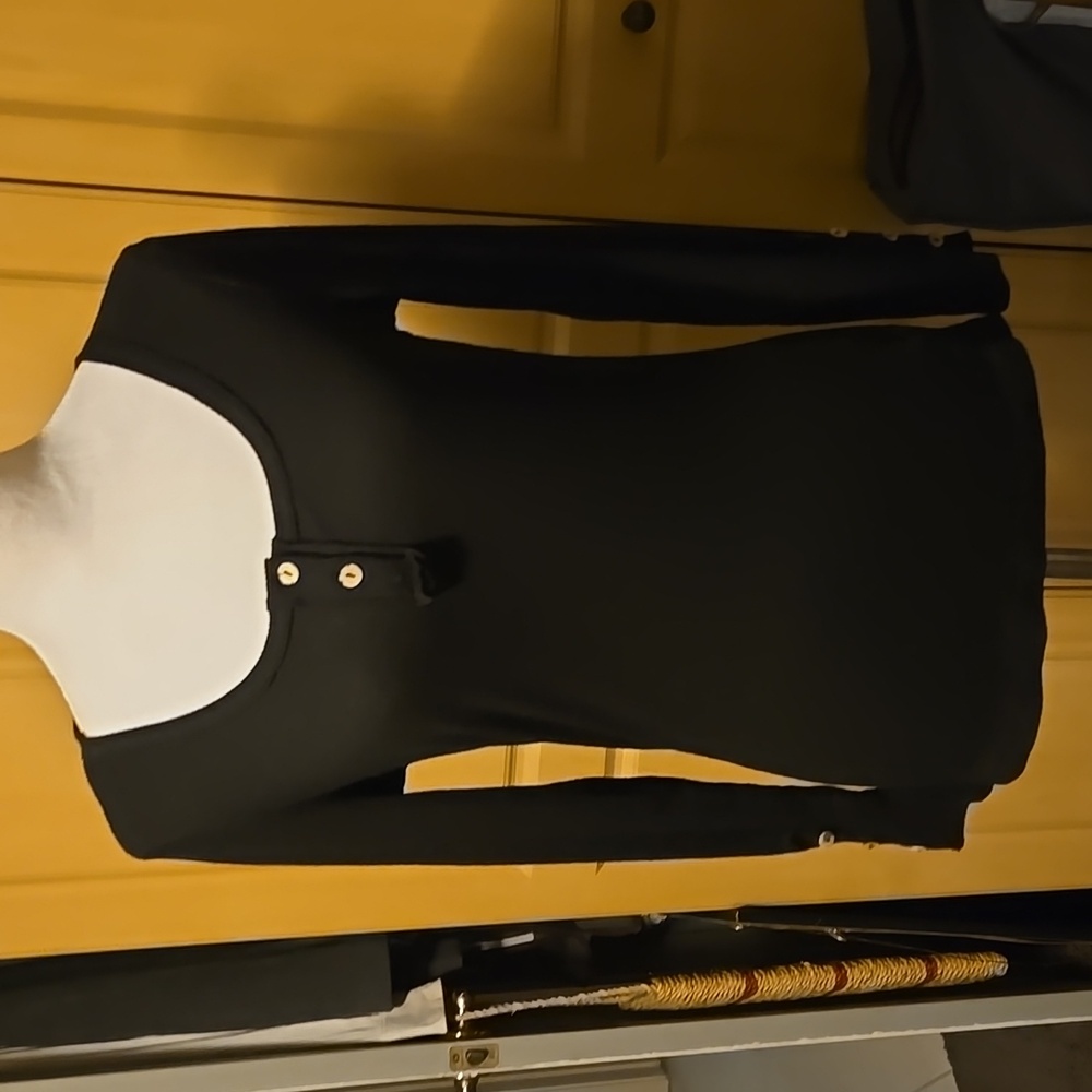 Women's Black Henley Long Sleeve Ribbed Fitted Top. M